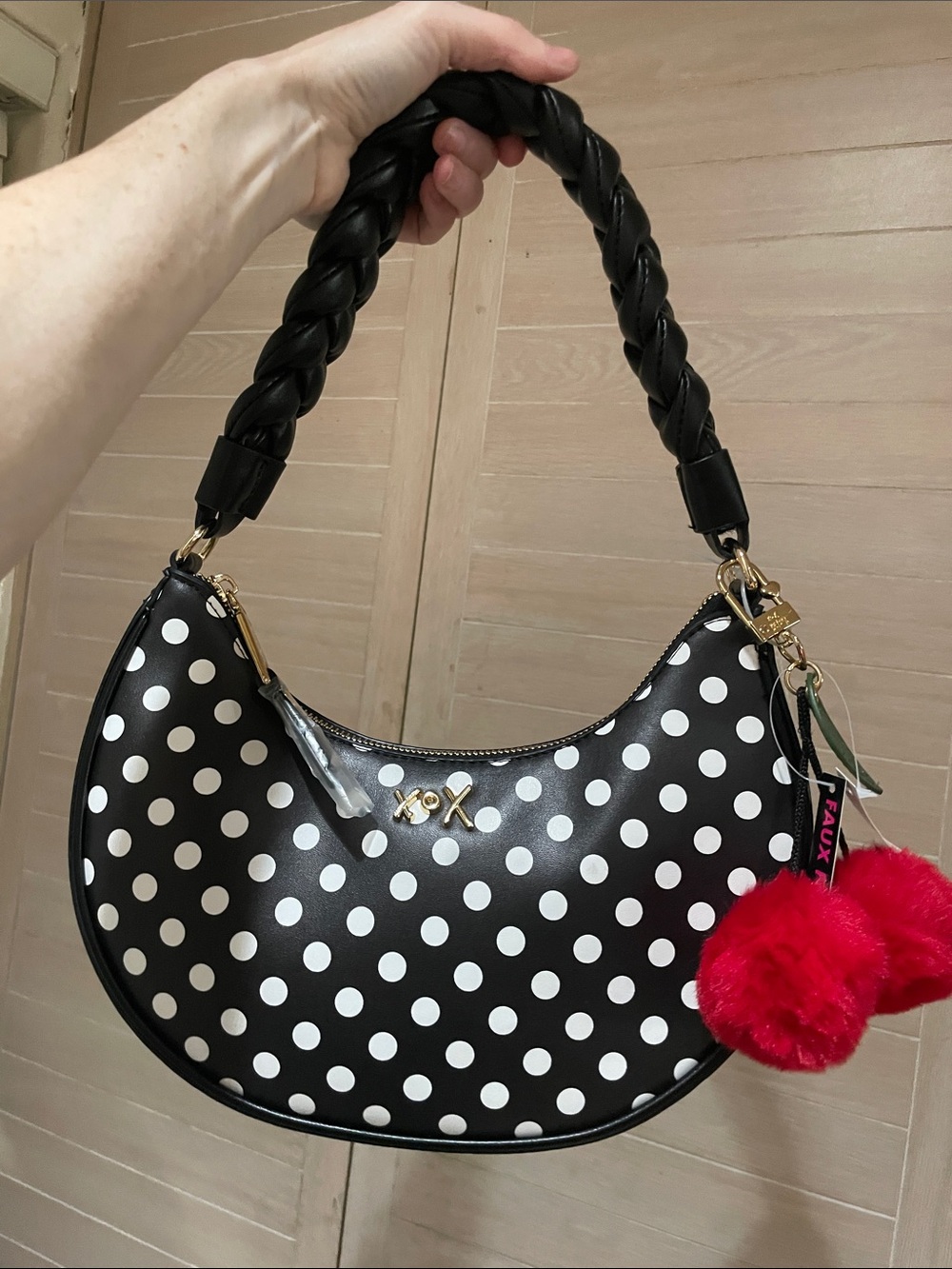 Betsey Johnson Polka Dot Hobo Bag with cherry bag charm